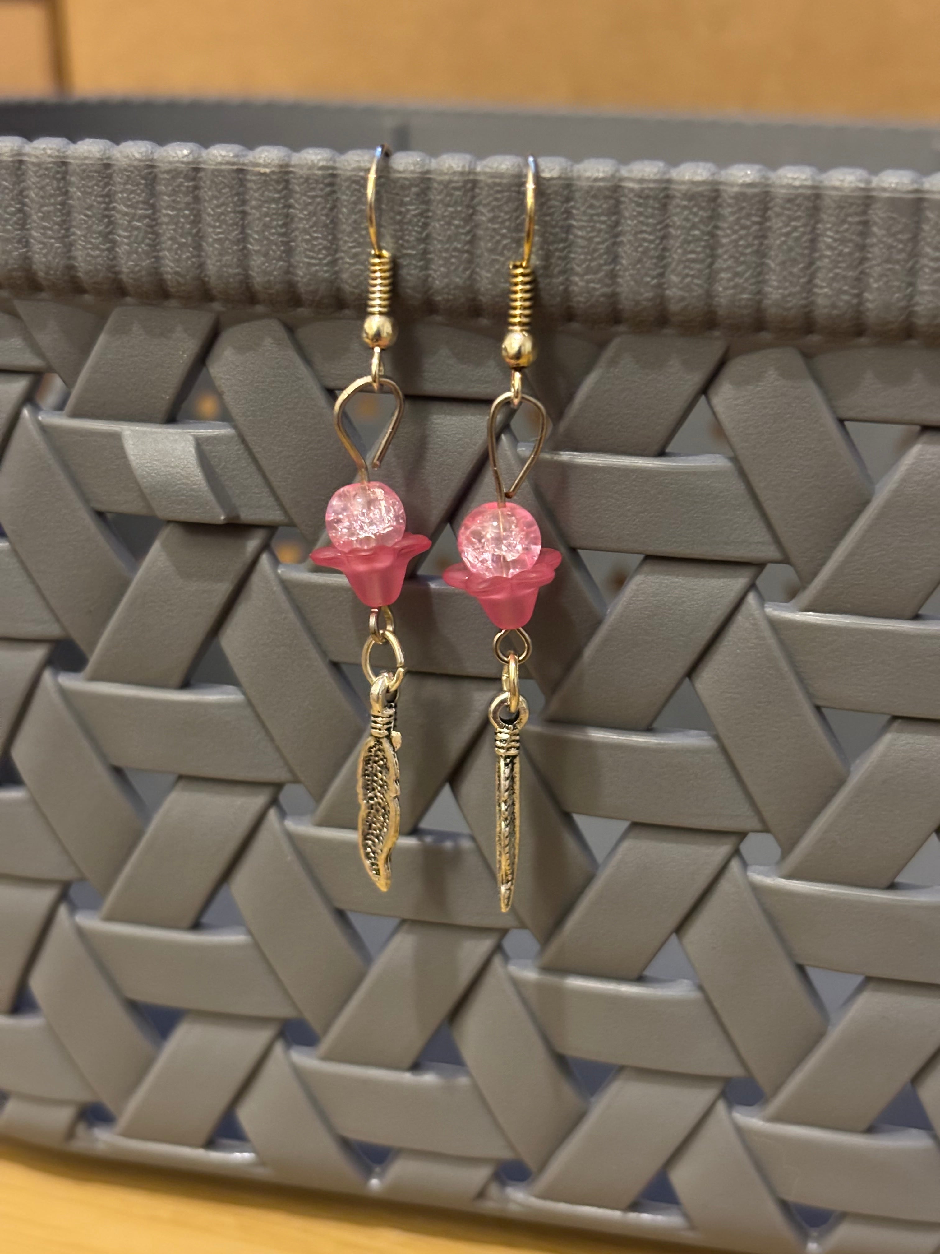 Feather With Flower And A Bead Earrings